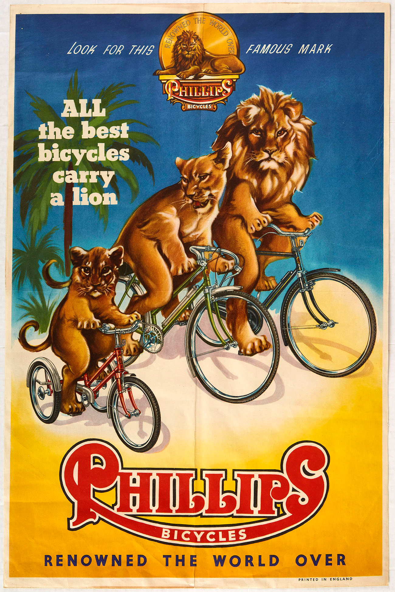 Original Advertising Poster Phillips Bicycles All the Best Carry a Lion