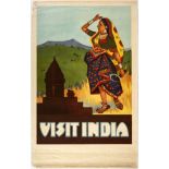 Original Travel Poster Visit India Farmer Lady