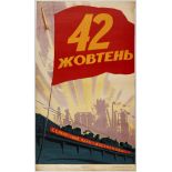 Original Propaganda Poster October Revolution Anniversary USSR Space Rocket