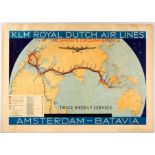 Original Travel Poster KLM Airline Amsterdam Batavia Air Route