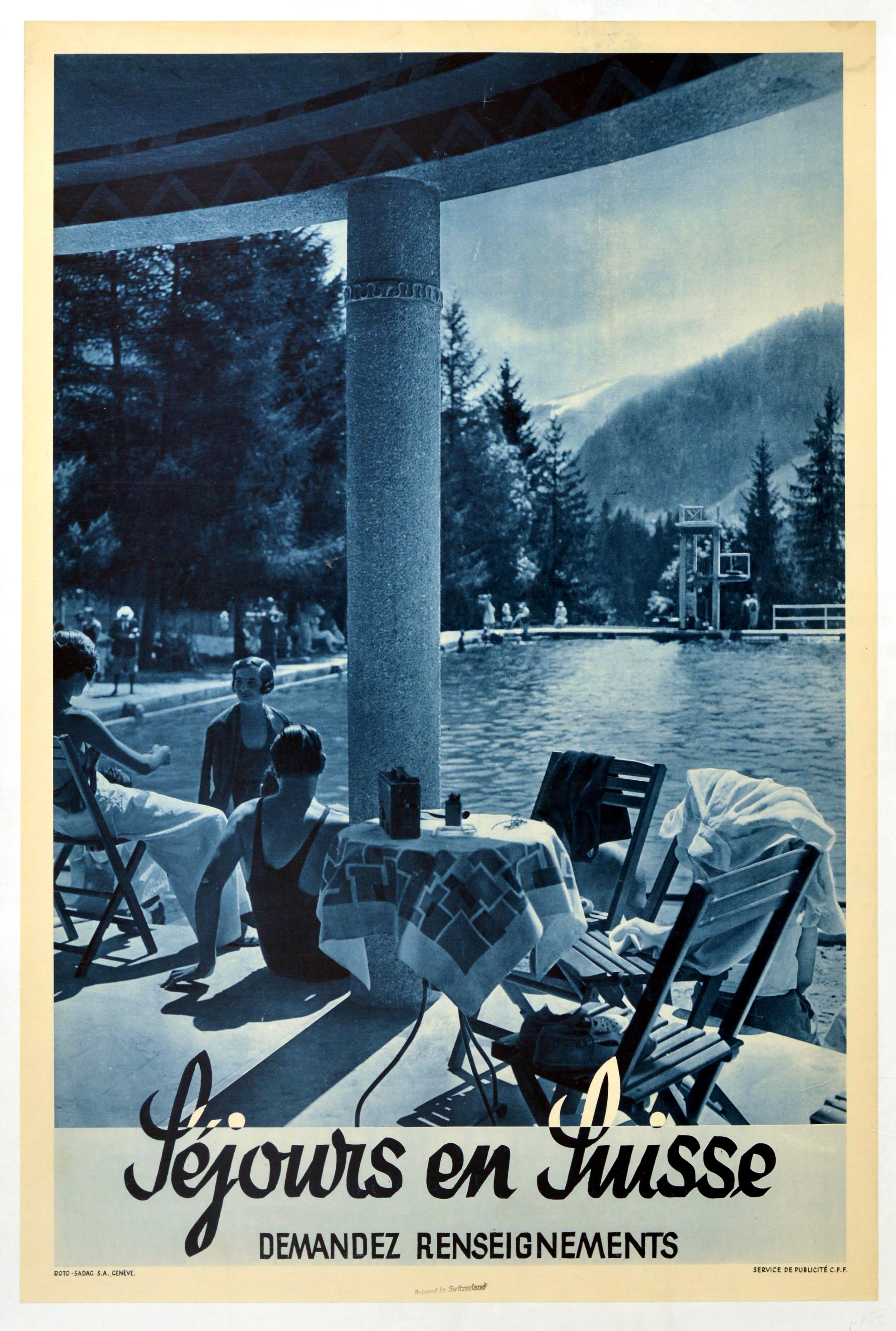 Travel Poster Sejours en Suisse Swimming Mountains Switzerland