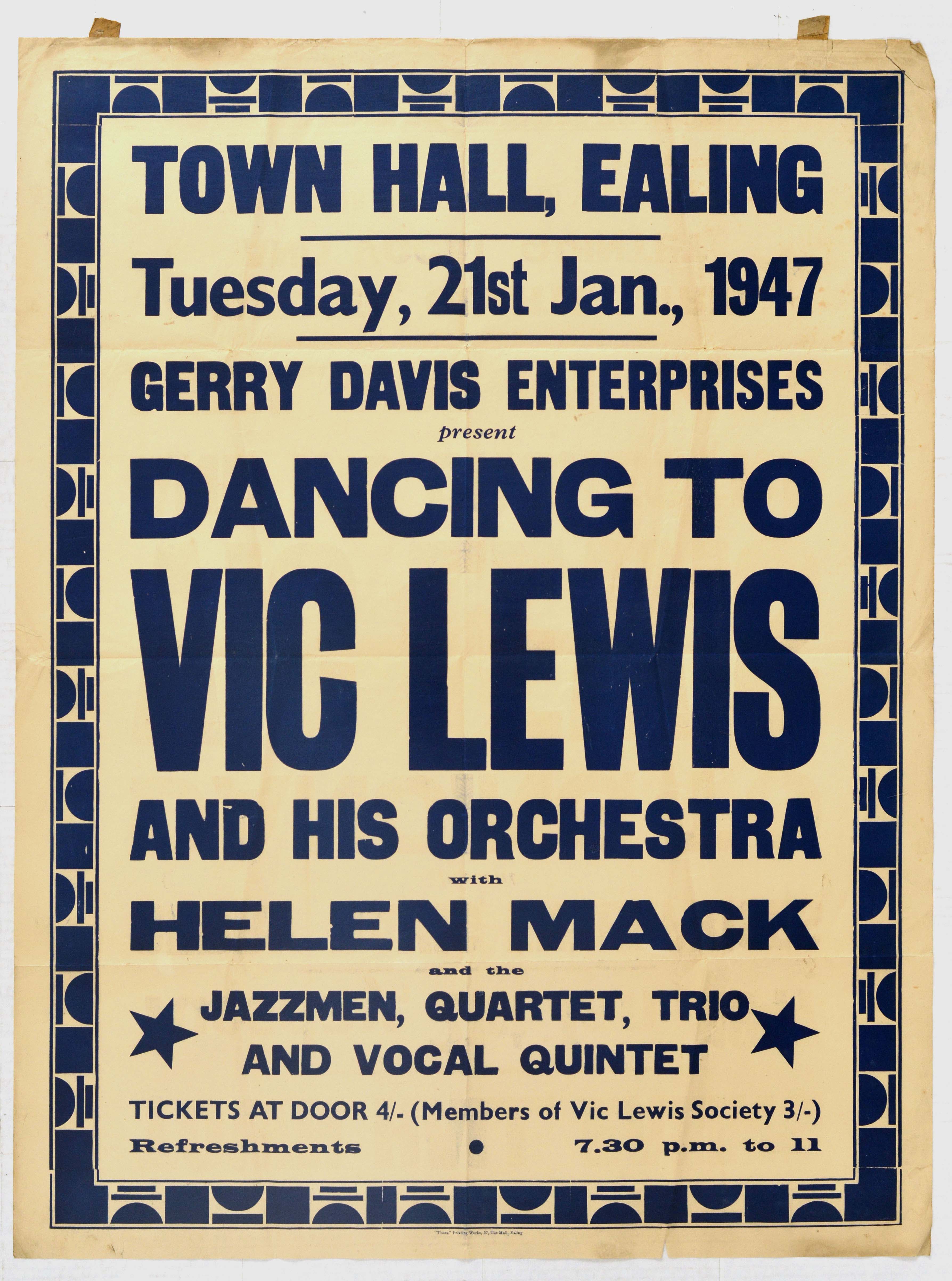 Advertising Poster Dancing to Vic Lewis Jazz Ealing London