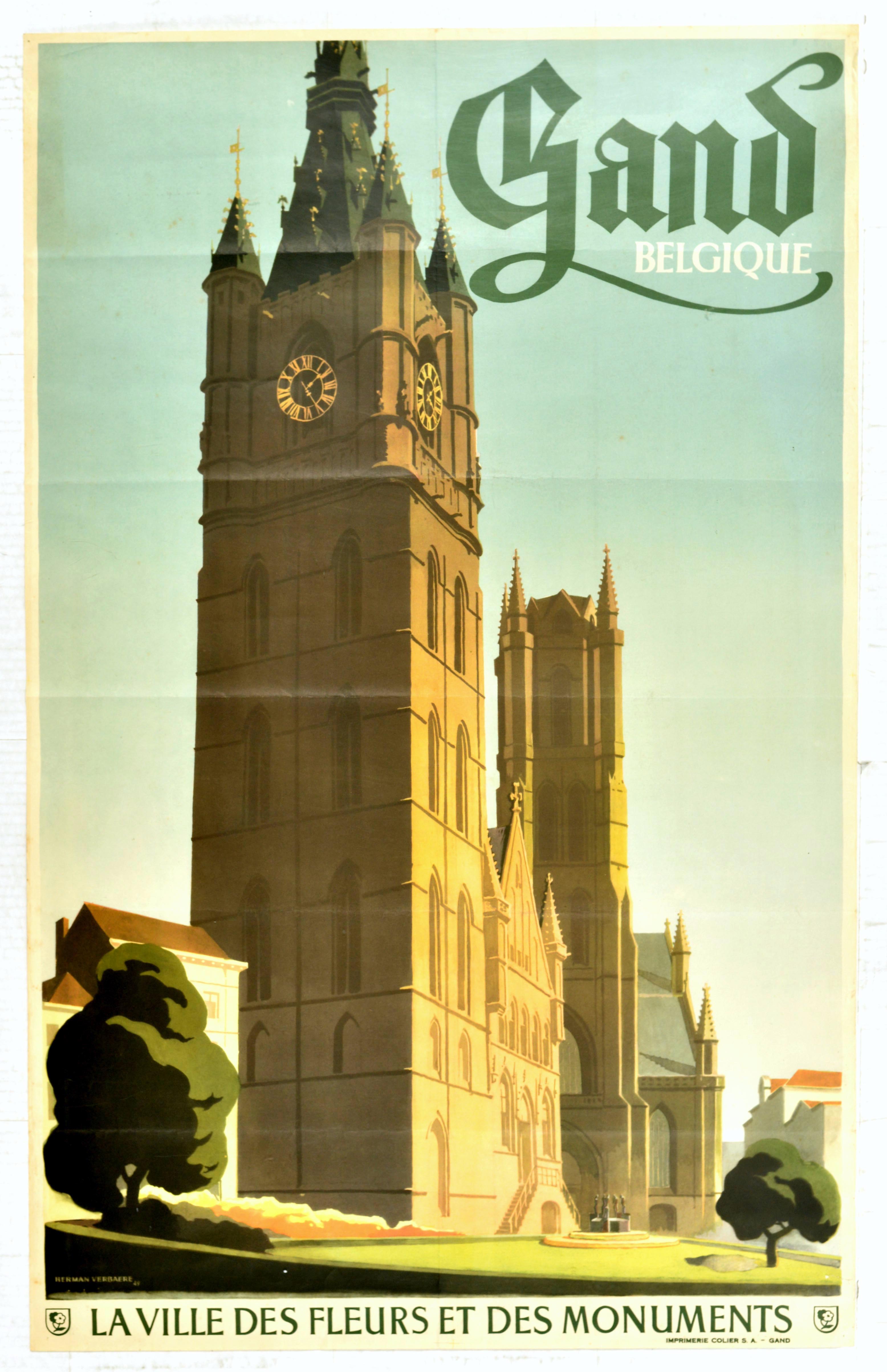 Travel Poster Ghent City Verbaere Flowers Monuments Belgium