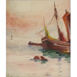 Paiseval, E.v.(20. Jh.). Segelschiff am Anleger. Aquarell wohl 1.H. 20. Jh. Ca. 22 x 16,5 cm. U