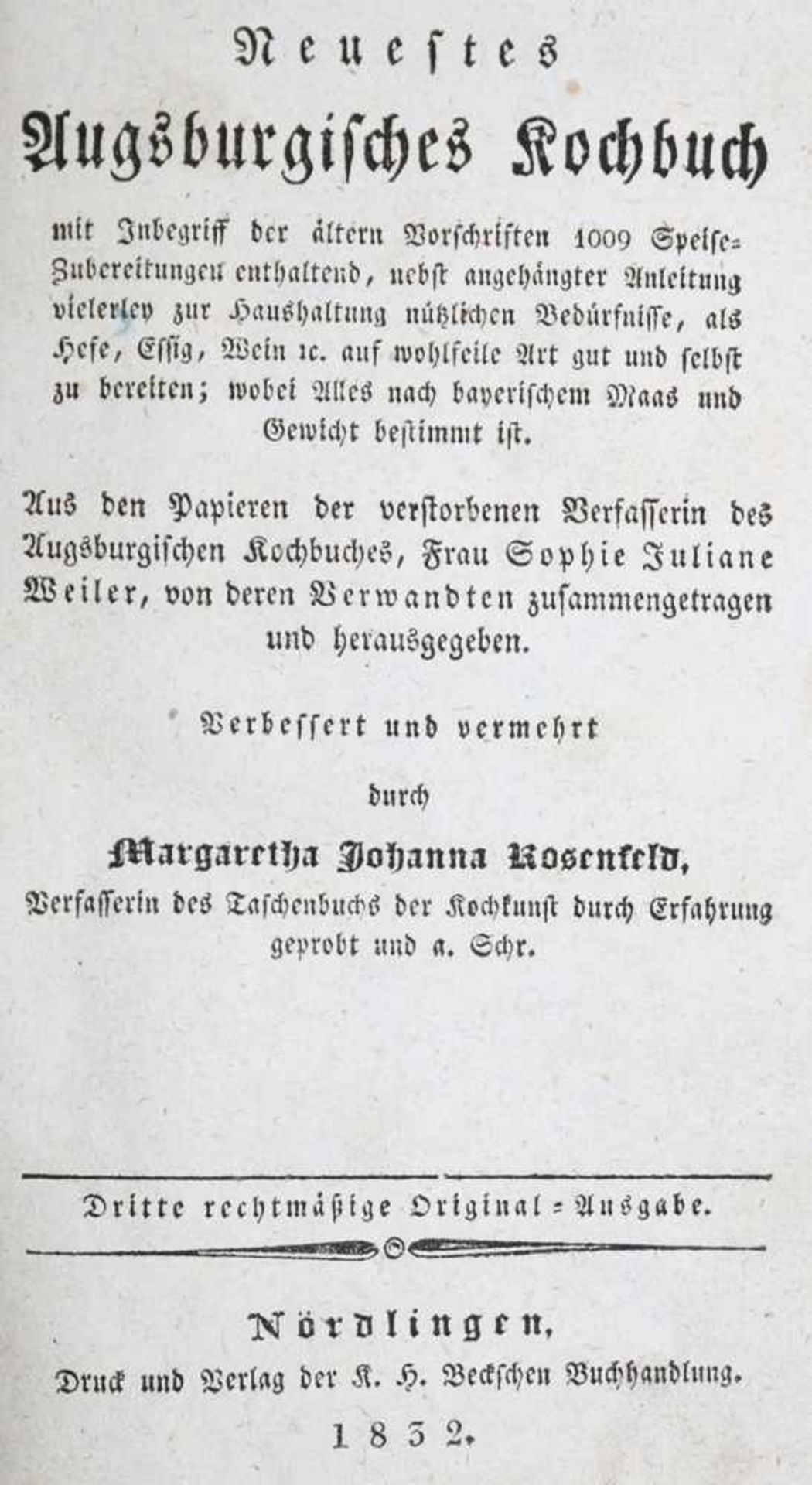 Rosenfeld,M.J.Neuestes Augsburgisches Kochbuch mit Inbegriff der ältern Vorschriften 1009 Speis - Bild 2 aus 2