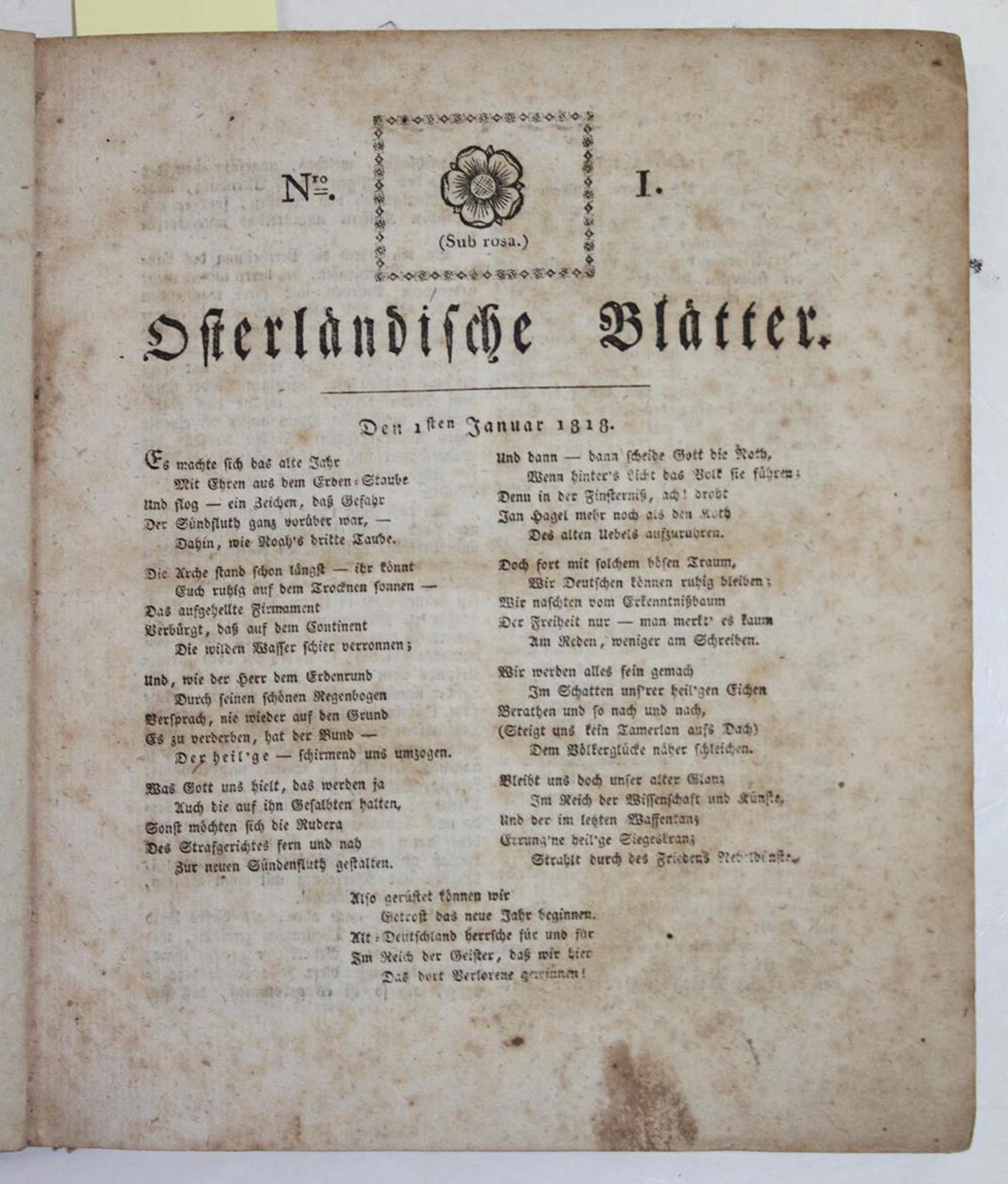 Osterländische Blätter.28 Nummern in 1 Bd. (Altenburg ?) 1. Jan. 1818 bis 19. Juni 1819. Kl.4°. - Bild 2 aus 2