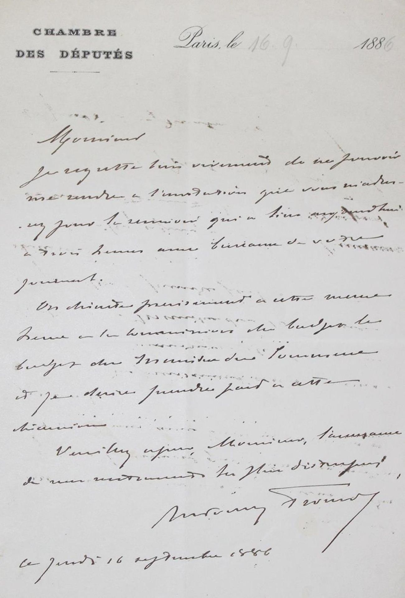 Proust, AntoninFranz. Journalist und Politiker (1832-1905). Eh. Brief mit Unterschr. Paris, 16.