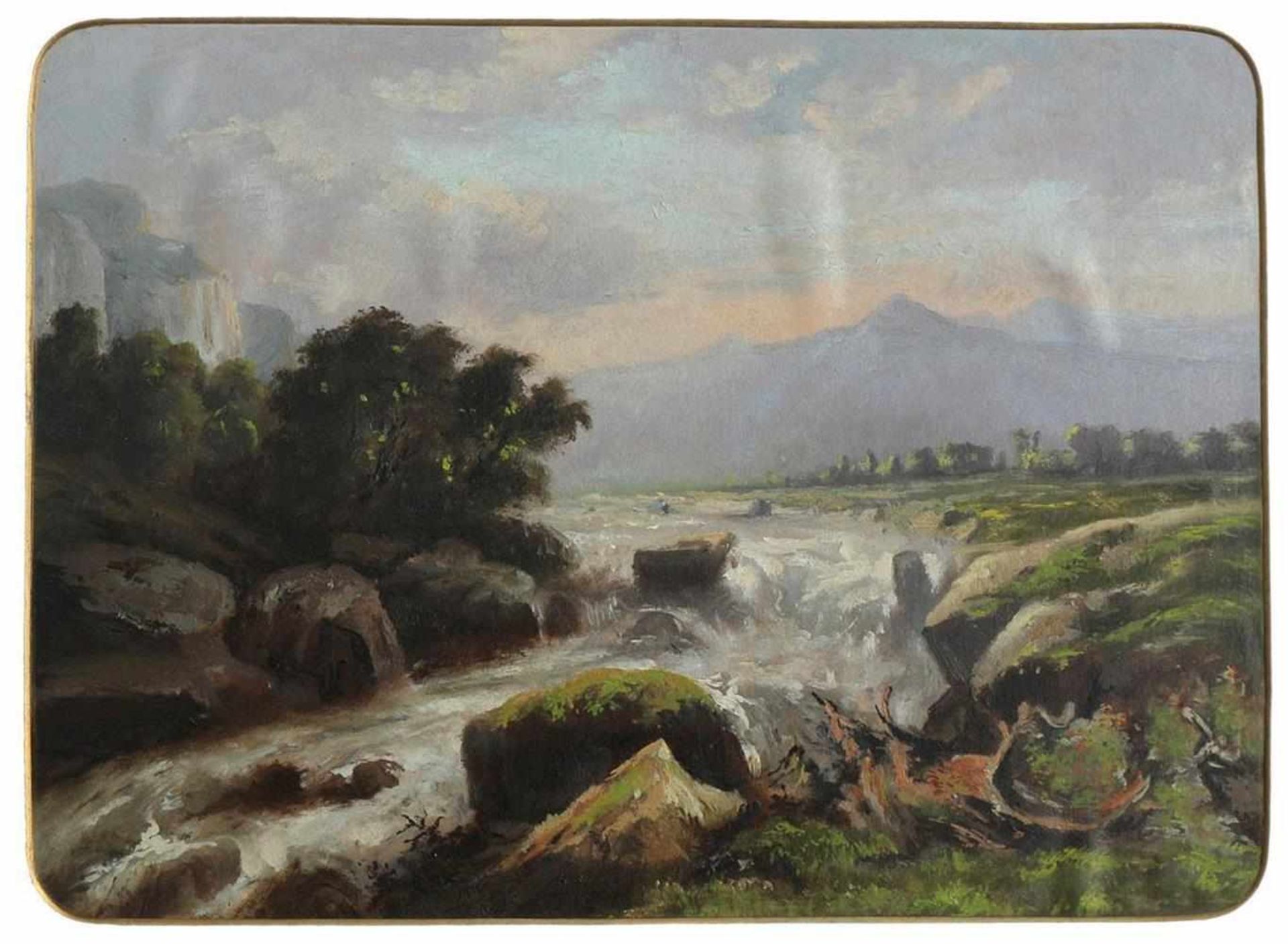 Neuhaus,A.(wohl Schweiz, 19. Jh.). Flusslandschaft, im Hintergrund eine Bergkette. Öl auf dünne