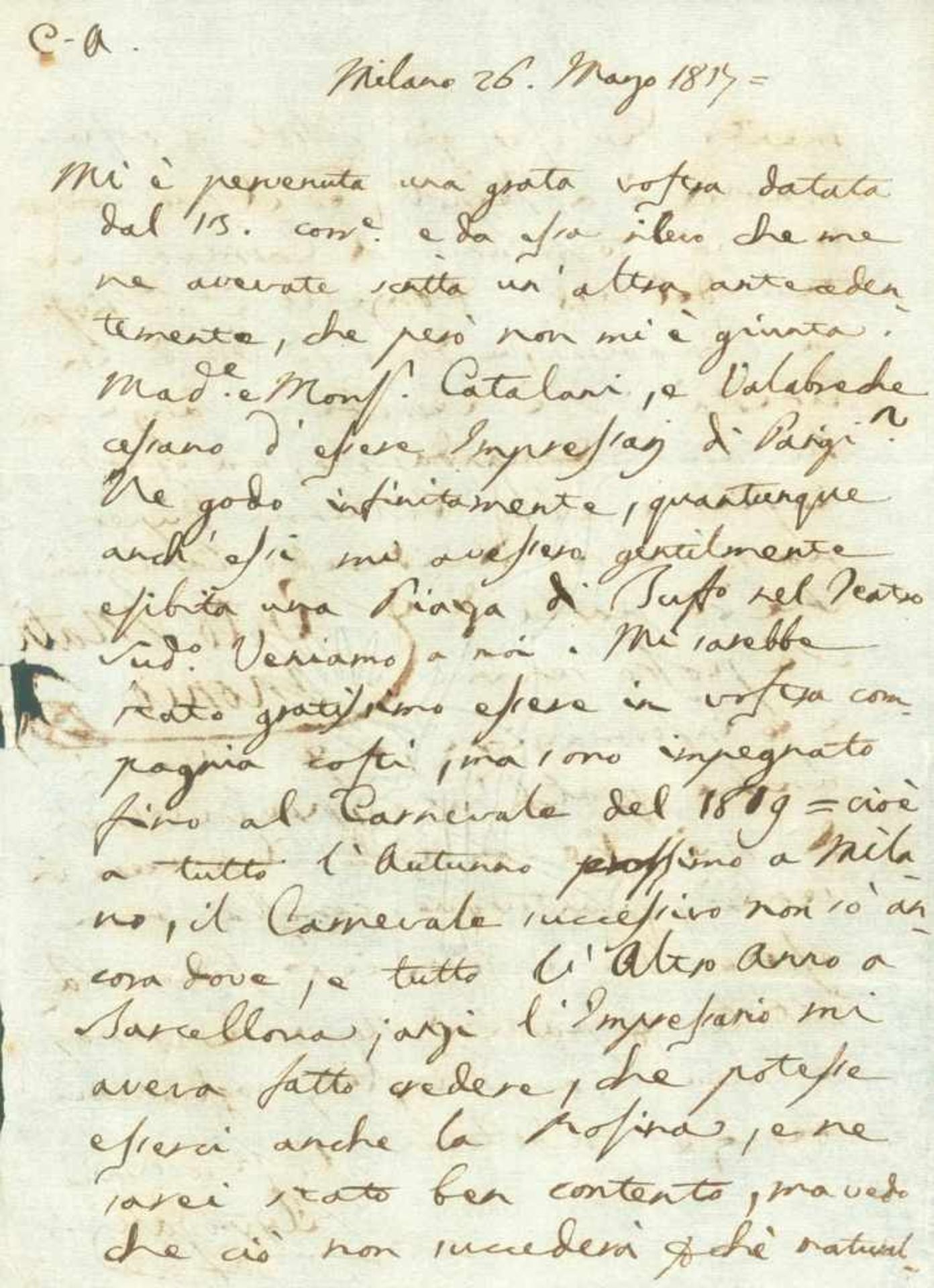 Galli, Filippo,italien. Opernsänger (1783-1853). Eh. Brief mit Unterschrift, dat. Mailand, 26.