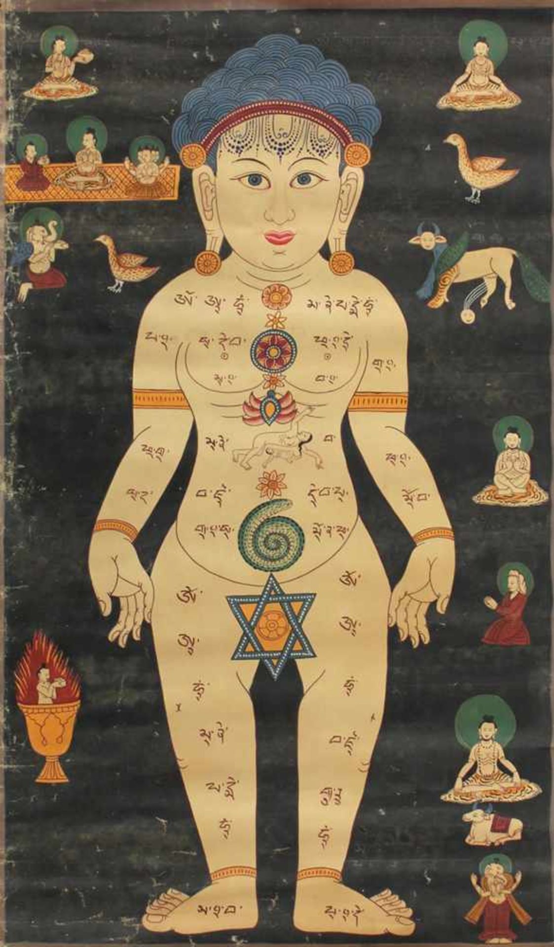 Medizin Thangkawohl Tibet 19.Jhdt. Figürliche Darstellung mit den 7 Chakren. Malerei auf Baumwo