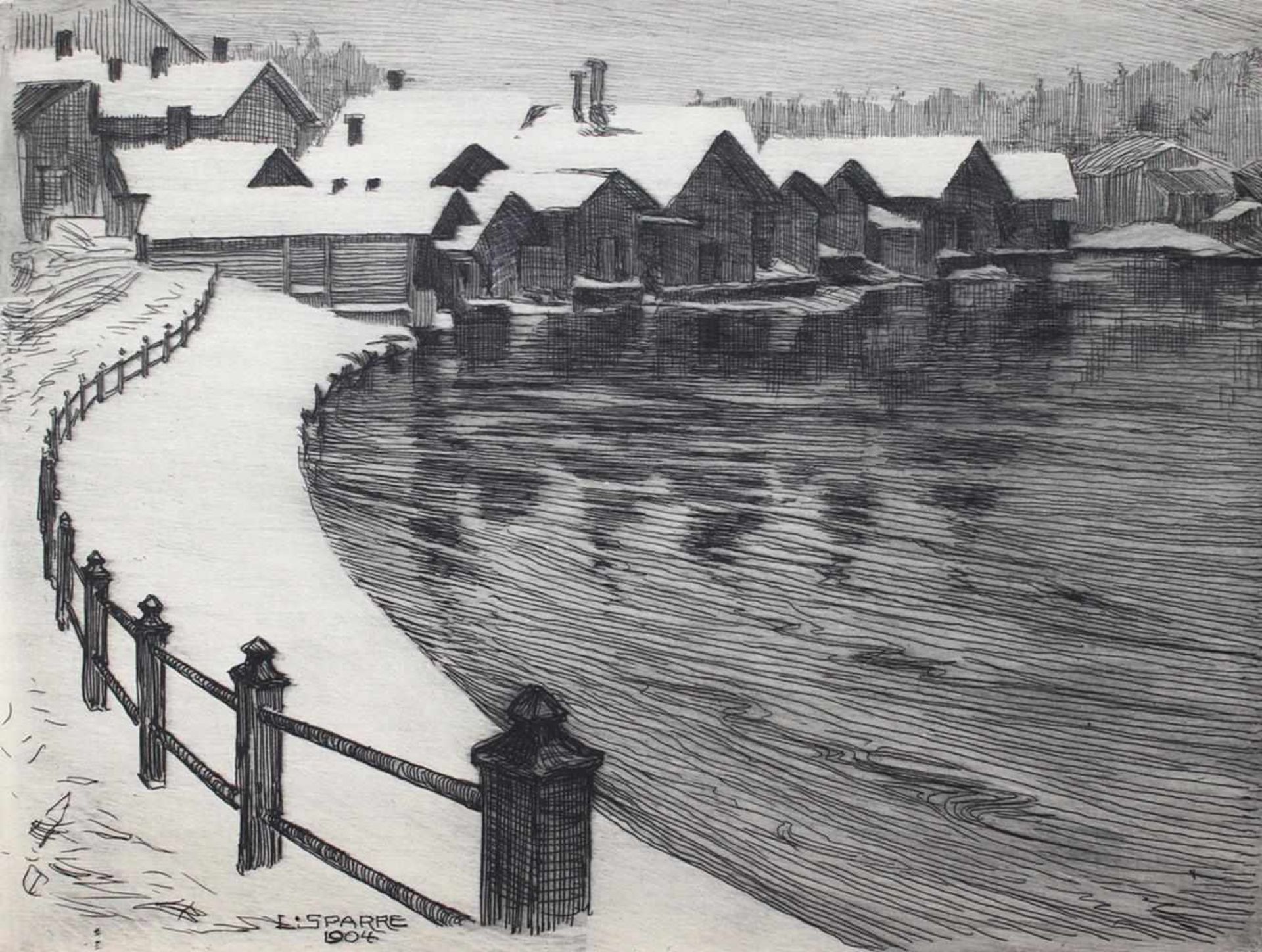 Sparre, Louis(1863 Gravellona Lomellina - Stockholm 1964). Dorf am See im Winter. Kaltnadelrad.