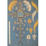 Grabkreuz.Entwurf für ein Grabkreuz mit Blatt- u. Blumenornamenten. Deckfarbenmalerei auf blaue