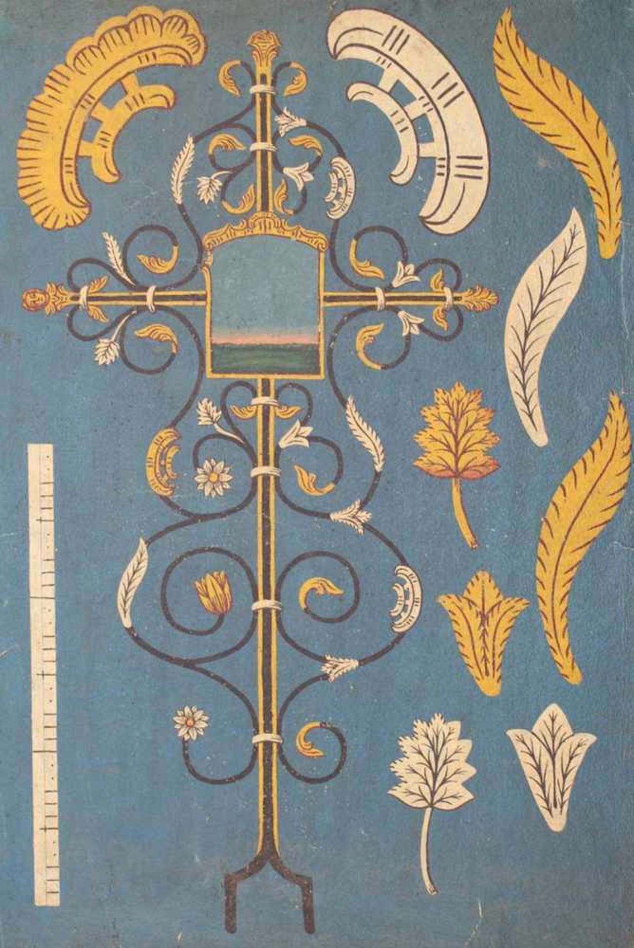 Grabkreuz.Entwurf für ein Grabkreuz mit Blatt- u. Blumenornamenten. Deckfarbenmalerei auf blaue