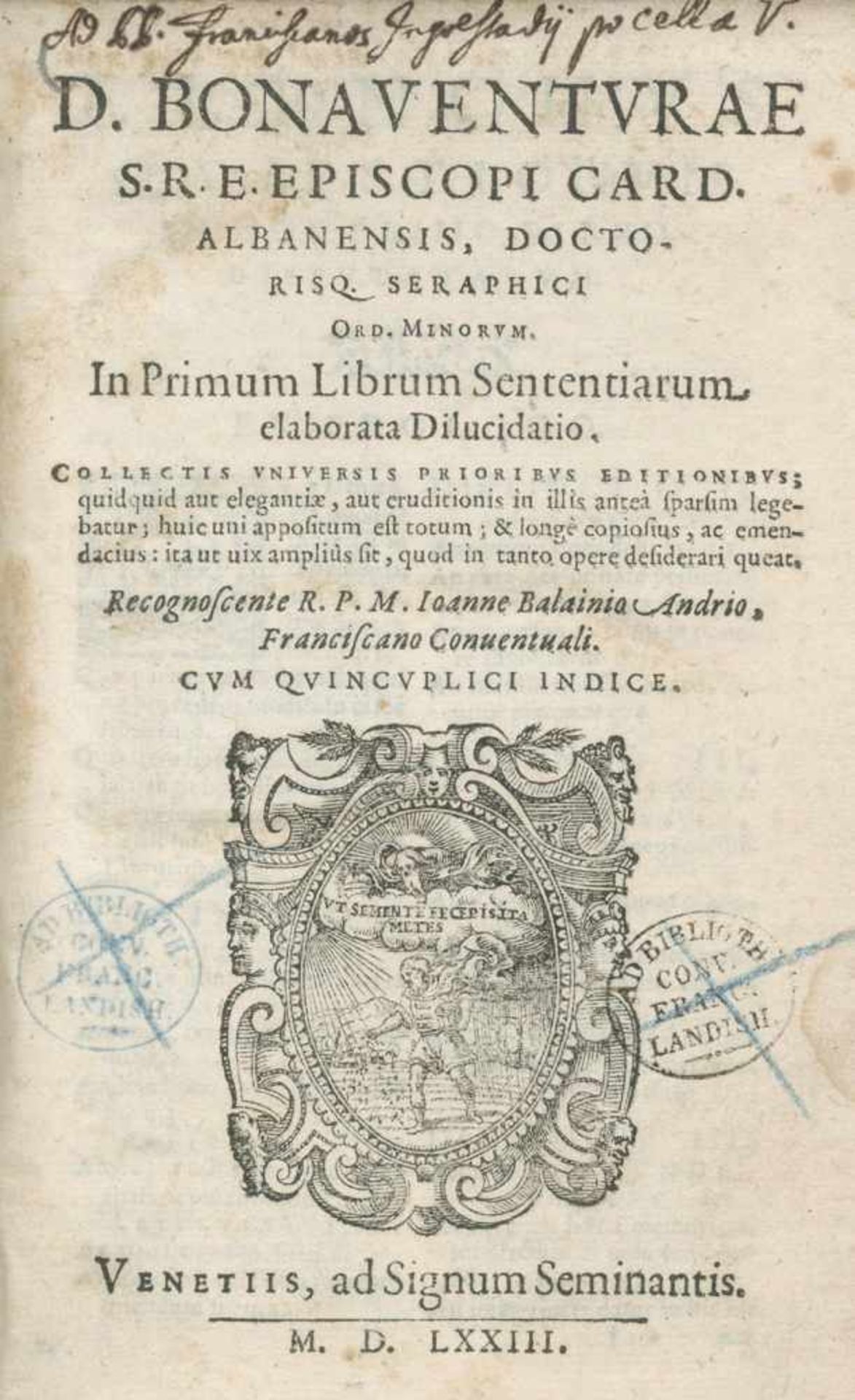 Bonaventura,S.In primum (-quartum) librum sententiarum elaborata dilucidatio... 4 Bde. Venedig,