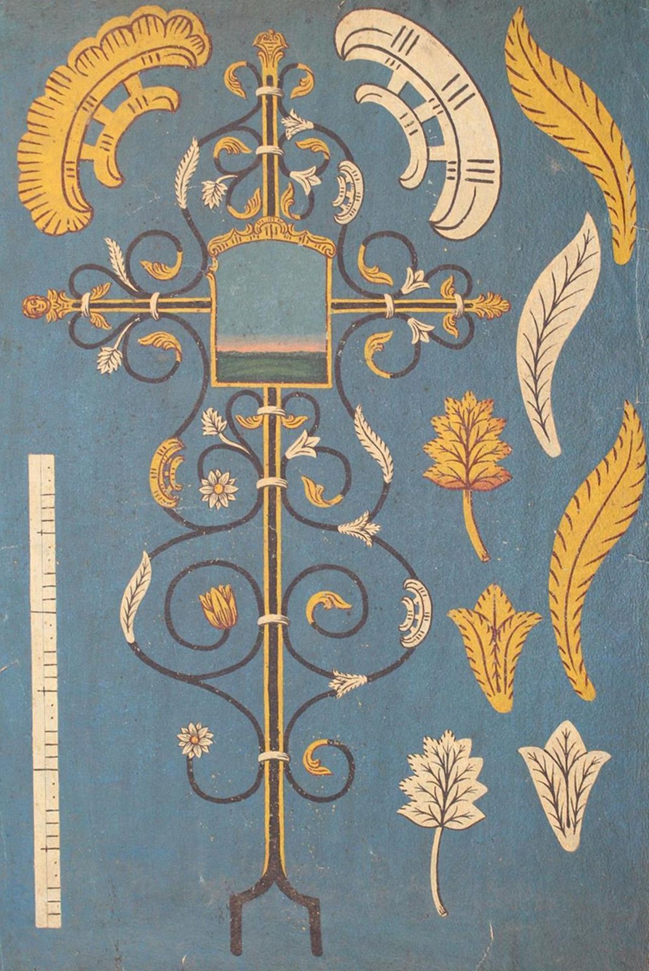 Grabkreuz.Entwurf für ein Grabkreuz mit Blatt- u. Blumenornamenten. Deckfarbenmalerei auf blaue - Bild 2 aus 2