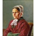 Thoma, Hans(1839 Bernau - Karlsruhe 1924). Bäsle. Portrait einer Dame im rot-grünen Kleid mit w