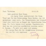 Tucholsky, Kurt.Schriftsteller (1890-1935). Postkarte (9 Zeilen mit Schreibmaschine) m. U., dat