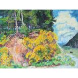 Abt, Karl(1899 Pforzheim 1985). Sommerliche Flußlandschaft mit Nadelbäumen. Öl auf Lwd. 75 x 10