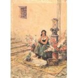 Bergmann, C. Peter(geb. 1868-?). Italienische Blumenverkäuferin. Öl auf Papier. Um 1940. Ca. 48