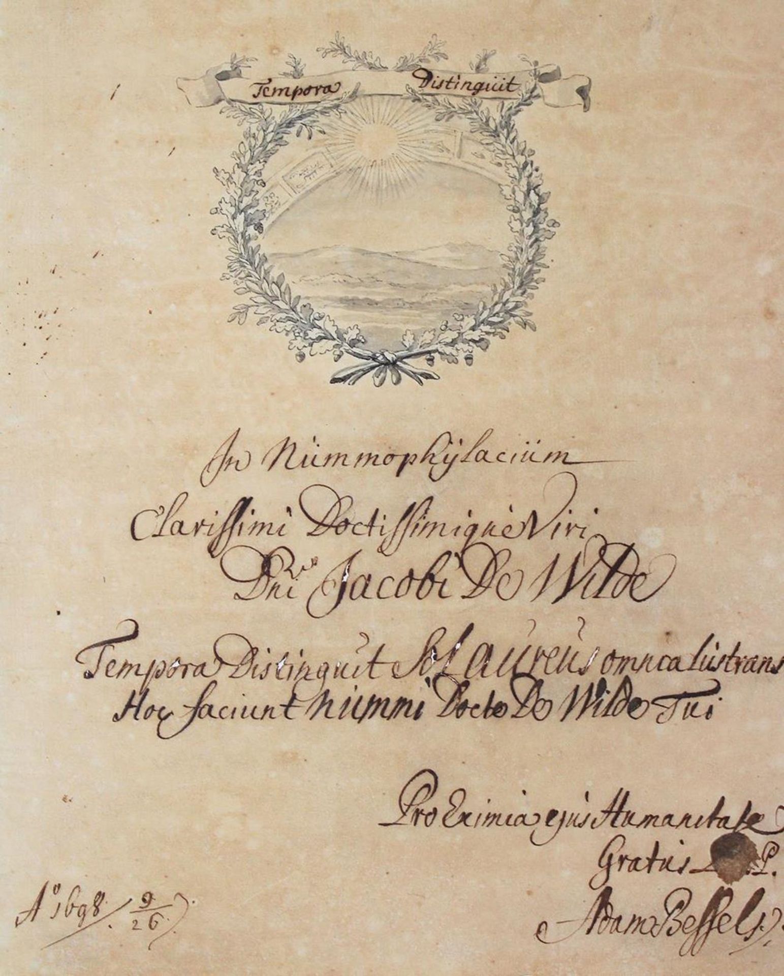 Albumblattfür Jacob de Wilde, Antiken- und Münzsammler in Amsterdam. Latein. Handschrift mit Tu
