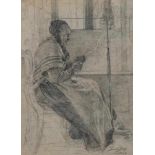 Dill, Emil(1861 Pratteln - Liestal 1938). Alte Frau in Tracht mit Spinnrocken am Fenster sitzen