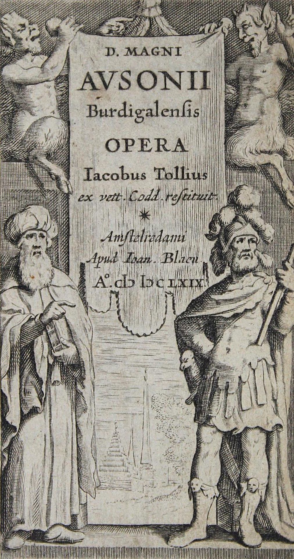 Ausonius,D.M.Opera. Iacobus Tollius ex vet. cod. restituit. Amsterdam, Blaeu 1669. 12°. Mit Kup