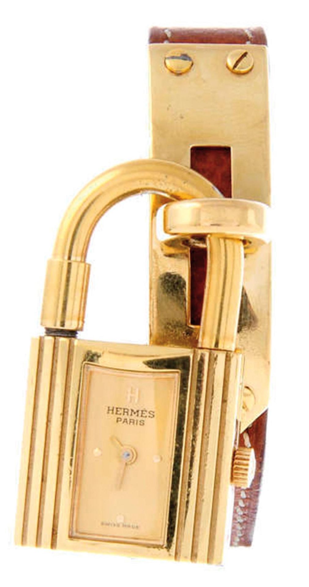 Hermès DamenarmbanduhrKelly. 20 mm. Vergoldetes 'Vorhängeschloss'-Gehäuse. Sign. Quarzwerk, cha