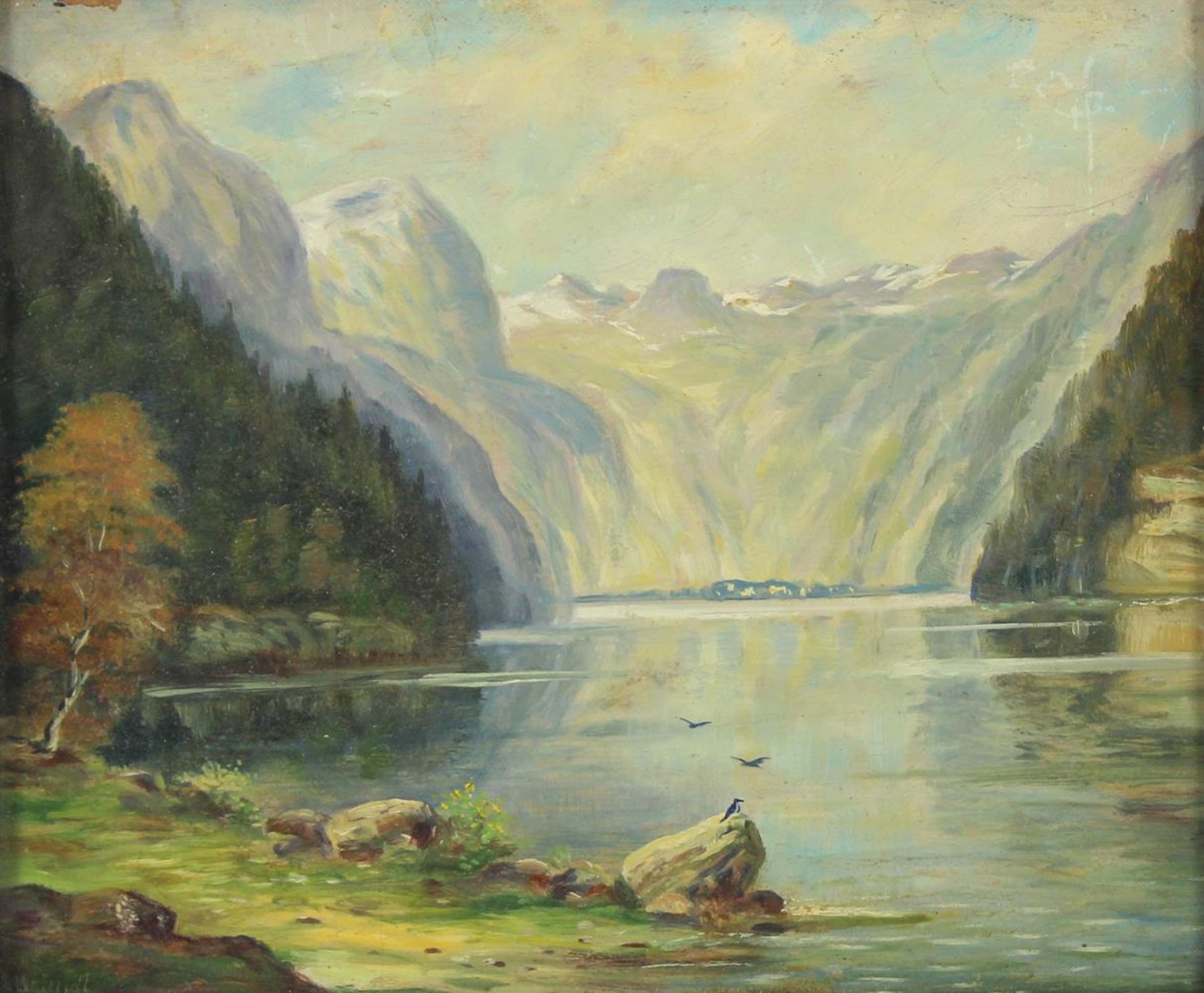 Brändl, Josef(1877-1963). Bergsee mit rastendem Vogel. Öl auf Malkarton. Ca. 20,3 x 24,8 cm. Ri