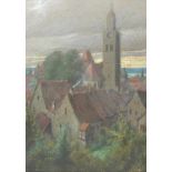 Überlingen.Blick über die Hausdächer auf den Turm des Münsters St. Nikolaus. Gouache auf Hartfa