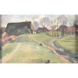 Satteldorf.Landschaft bei Satteldorf. Öl auf Hartfaserplatte. Um 1920. 45 x 71 cm. Verso undeut