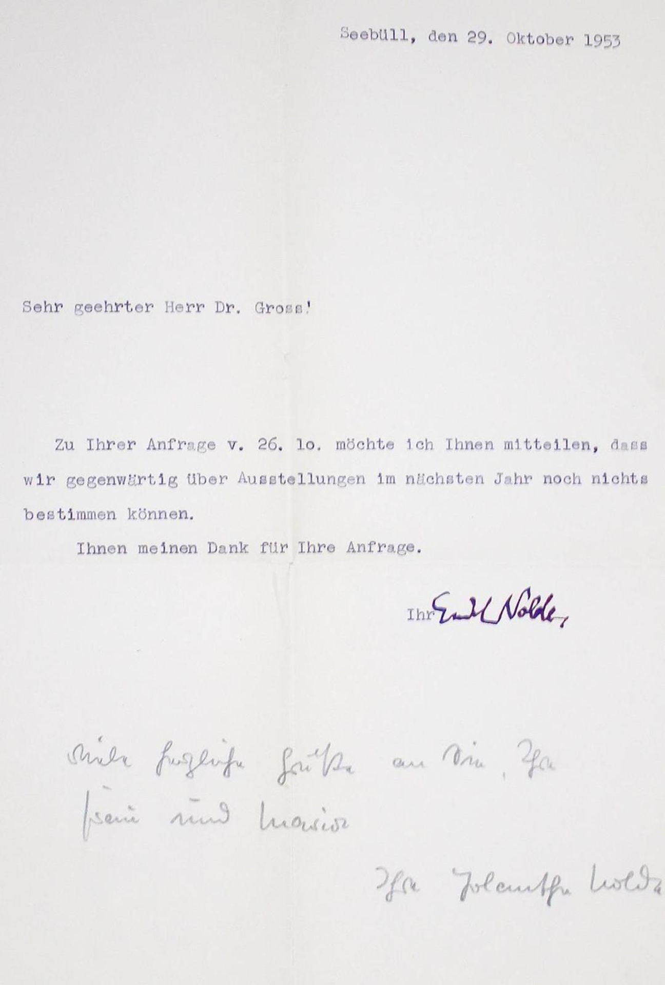 Nolde Emil,Maler und Graphiker, Hauptvertreter des dt. Expressionismus (1867-1956). Ms. Brief,