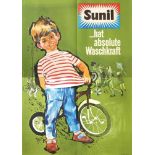 Sunilhat absolute Waschkraft. Zeigt einen Jungen mit Fahrrad. Farb. Plakat in 2 Bl. von Mario T
