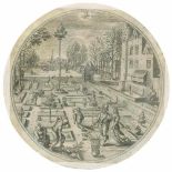 Collaert, Adriaen(um 1560 Antwerpen 1618). Aprilis. Der Monat April. Kupferstich im Rund auf fe