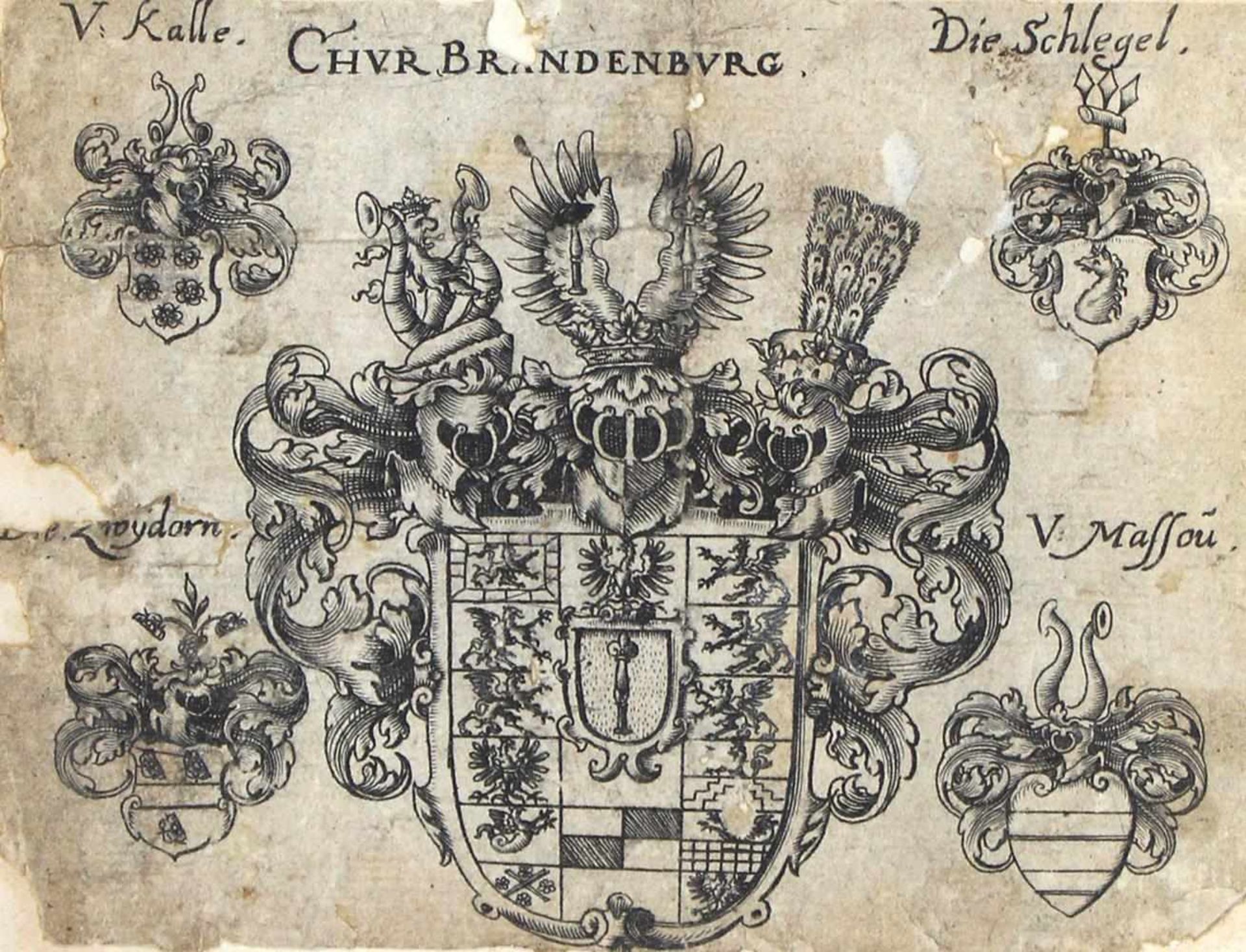 Wappen.Wappen des Malers Hans Joachim Henenberger. Grau lavierte Tuschfederzeichnung um 1666. C - Bild 2 aus 3