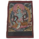 Kleines Thangka mit Tarawohl Darstellung der grünen Tara in meditierender Darstellung. Malerei