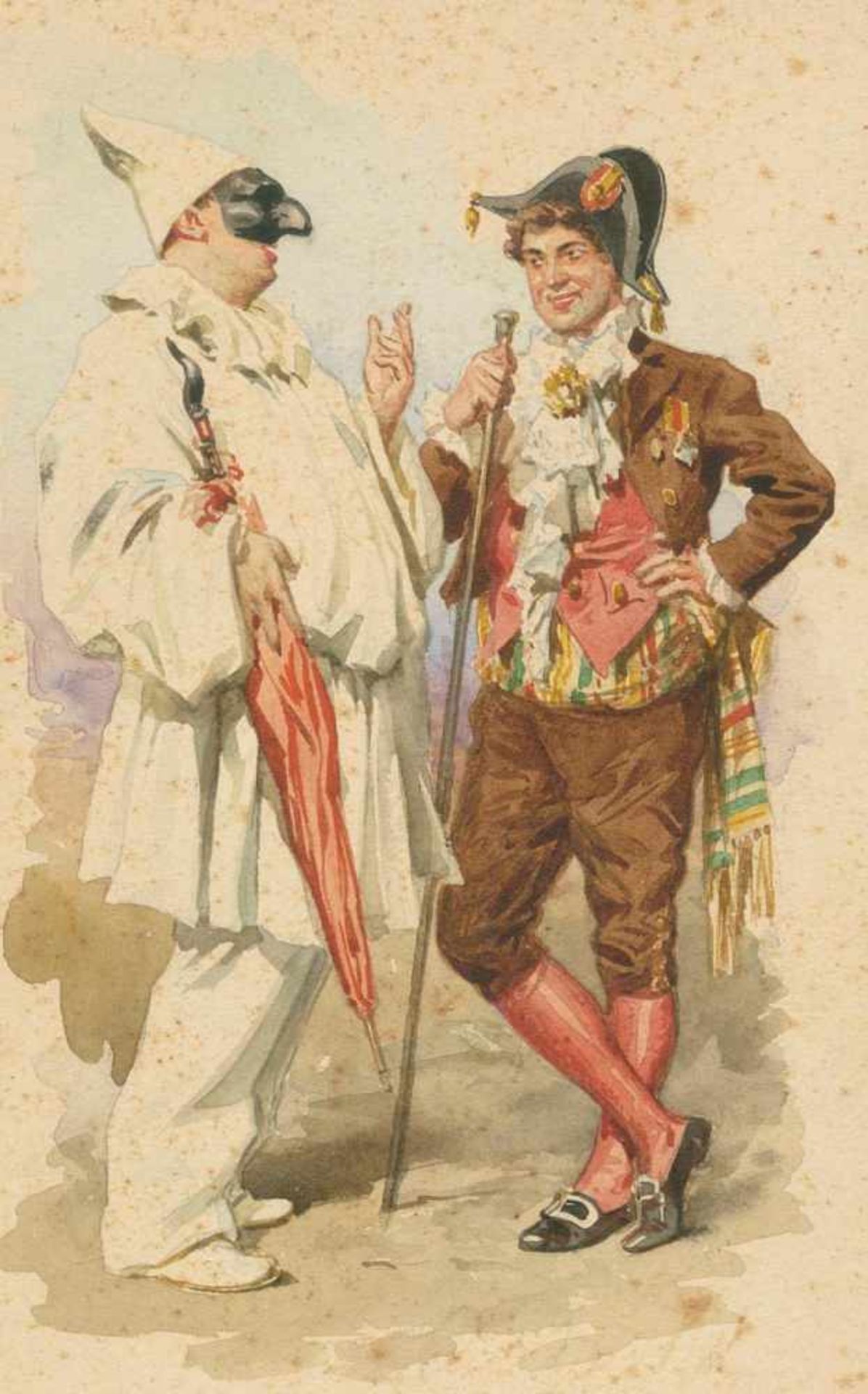 Commedia dell'arte.Pucinella Napoli. Pulcinella im Gespräch mit einem Mann in einer Uniform. An