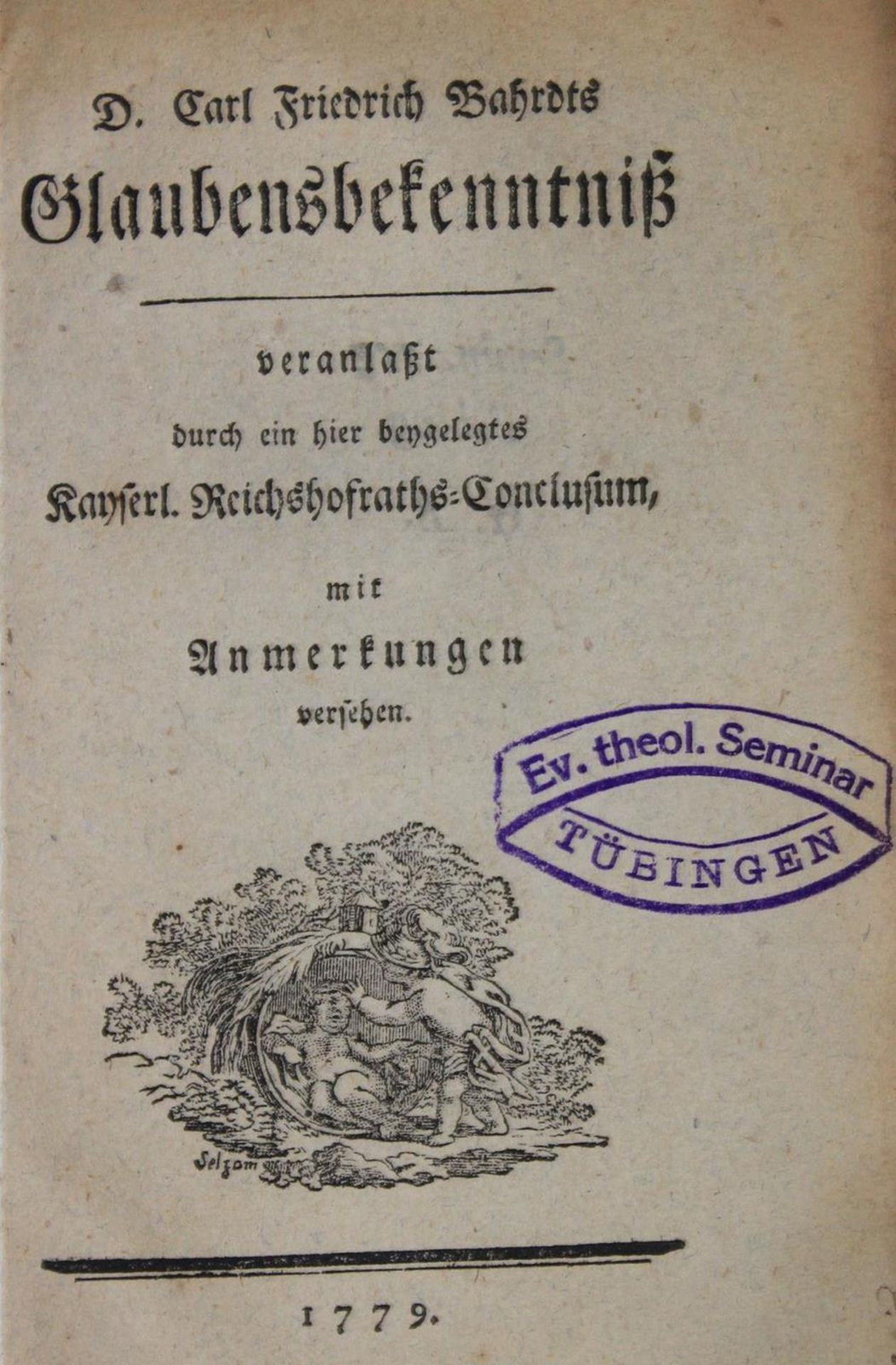 Bahrdt,C.F.Glaubensbekenntniß. O.O. u. Dr. 1779. 56 S. Spät. einfacher Kart. (Kl. Wasserrand). - Bild 2 aus 2