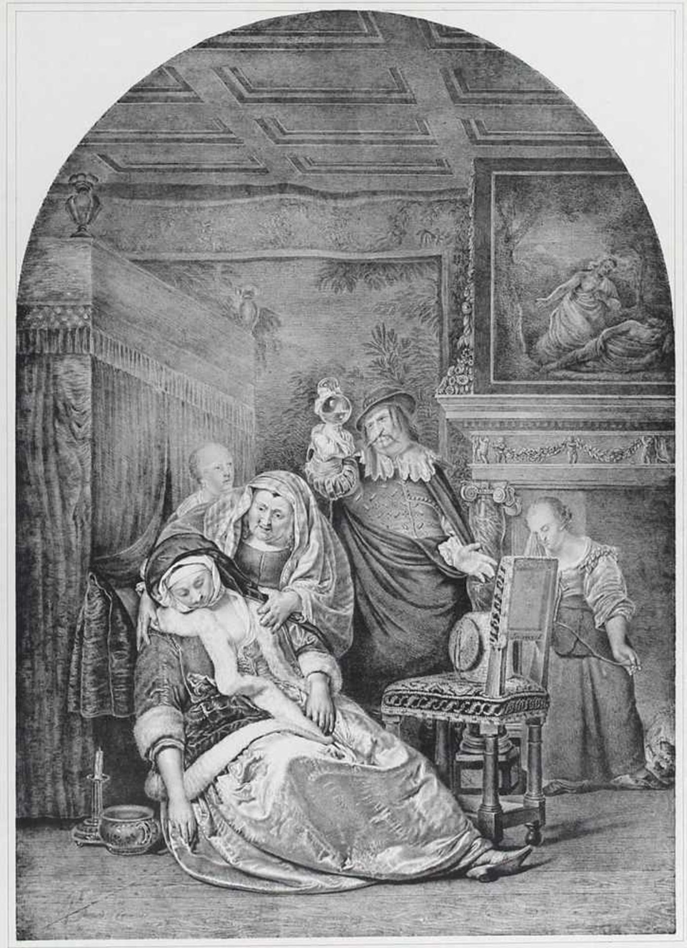 Besuch des Arztes.Lithographie von N. Strixner nach Frans van Mieris. Mchn., Literar.-artist. A