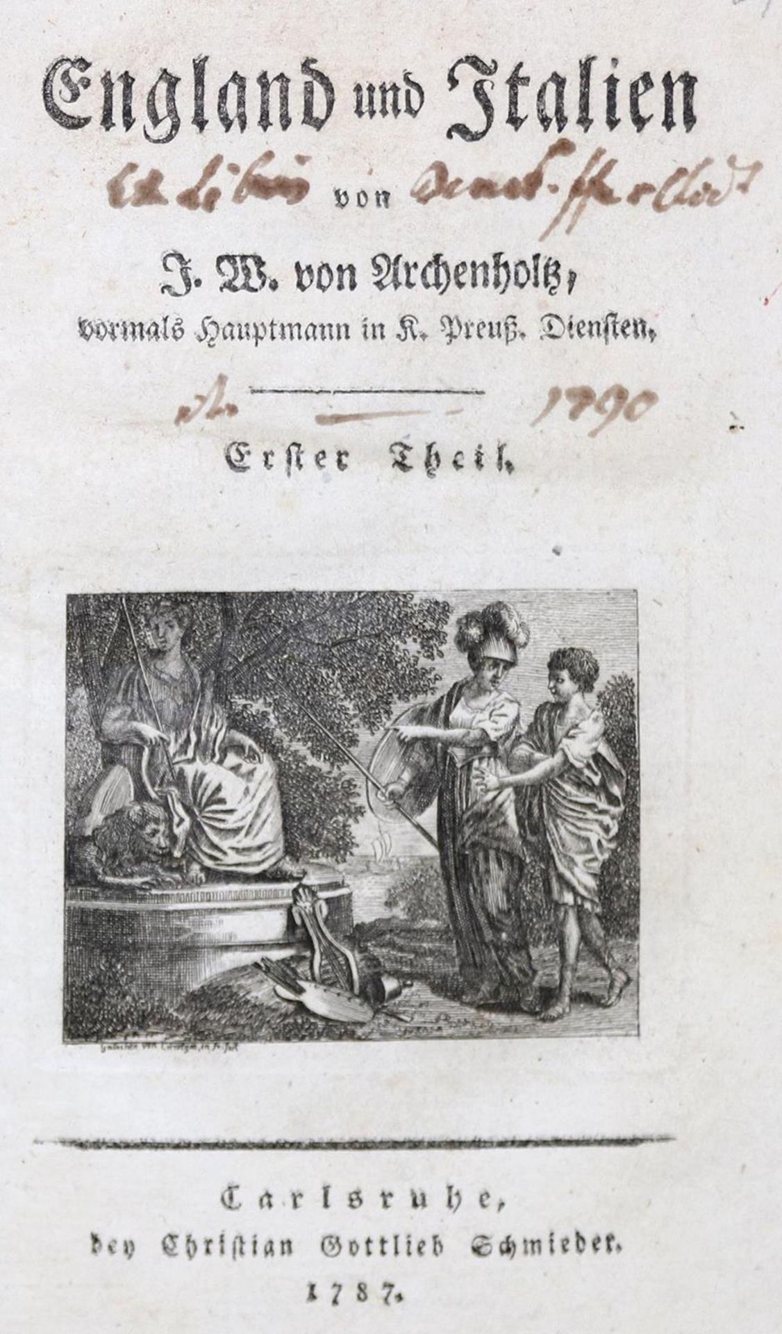 Archenholz,J.W.v.England und Italien. 5 Bde. Karlsruhe, Schmieder 1787. Mit 5 gest. Tvign. Hldr