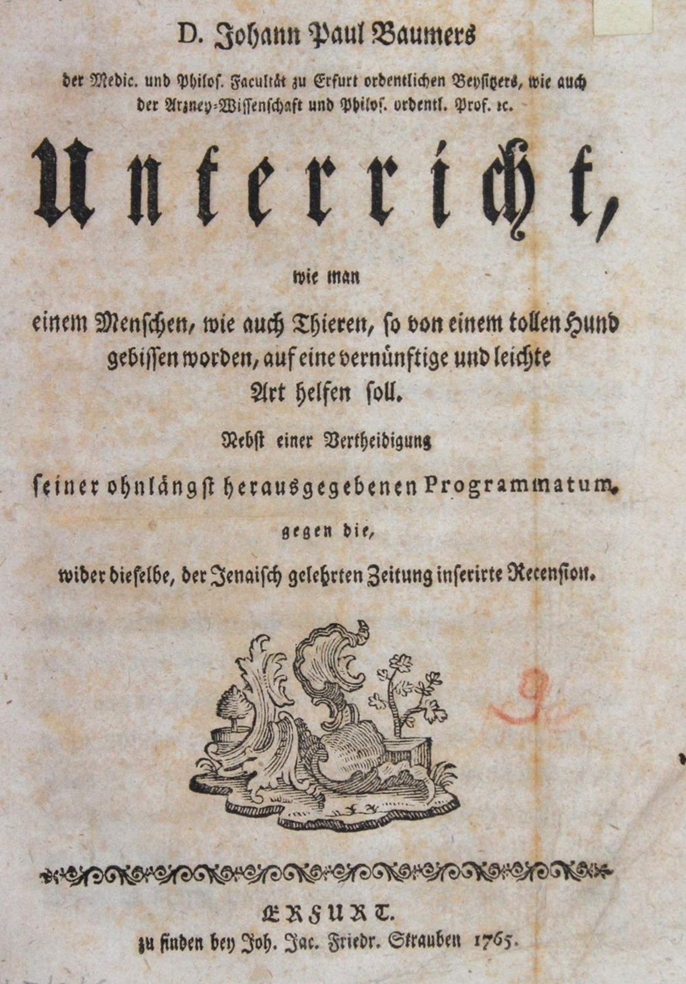 Baumer,J.P.Unterricht, wie man einem Menschen, wie auch Thieren, so von einem tollen Hund gebis