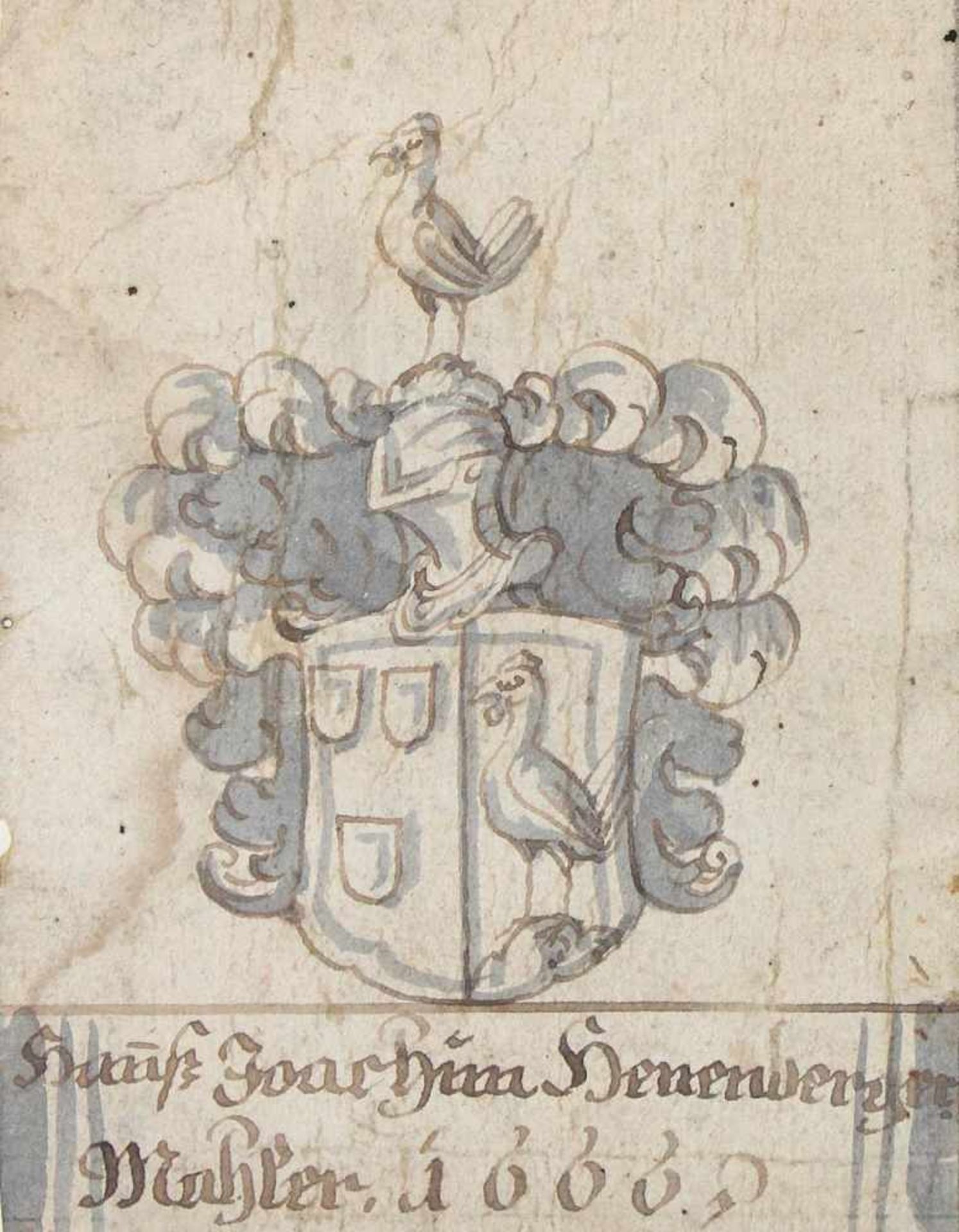 Wappen.Wappen des Malers Hans Joachim Henenberger. Grau lavierte Tuschfederzeichnung um 1666. C