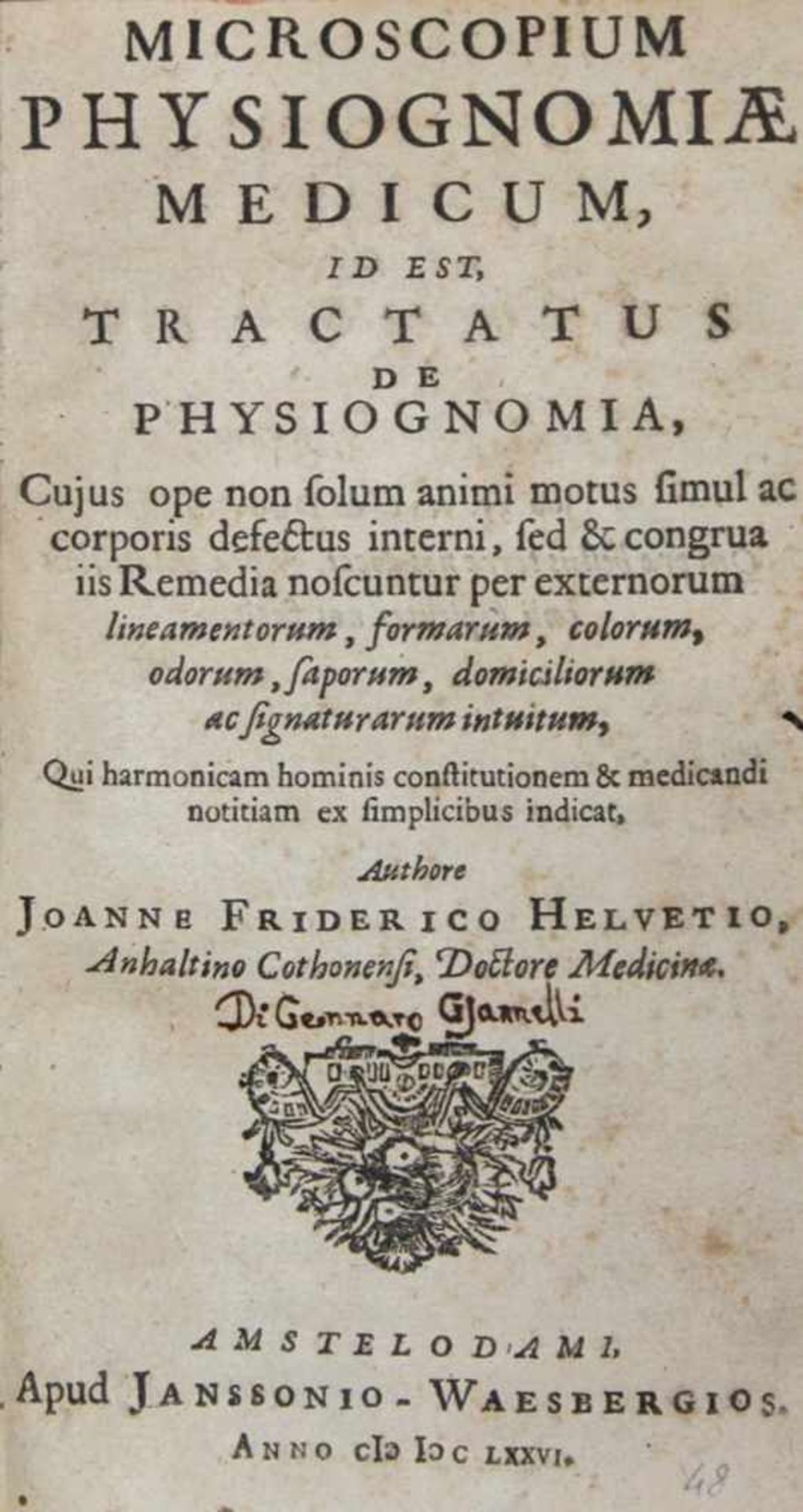 Helvetius,J.F.Microscopium physiognomiae medicum, id est, tractatus de physiognomia... Amsterdam, - Image 2 of 2