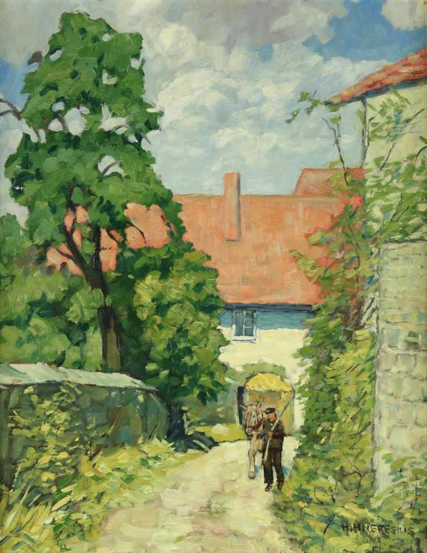 Angresius, Hans(1897 Hamburg 1974). Bauer mit Pferd vor einem Bauernhof. Öl auf Hartfaserplatte.