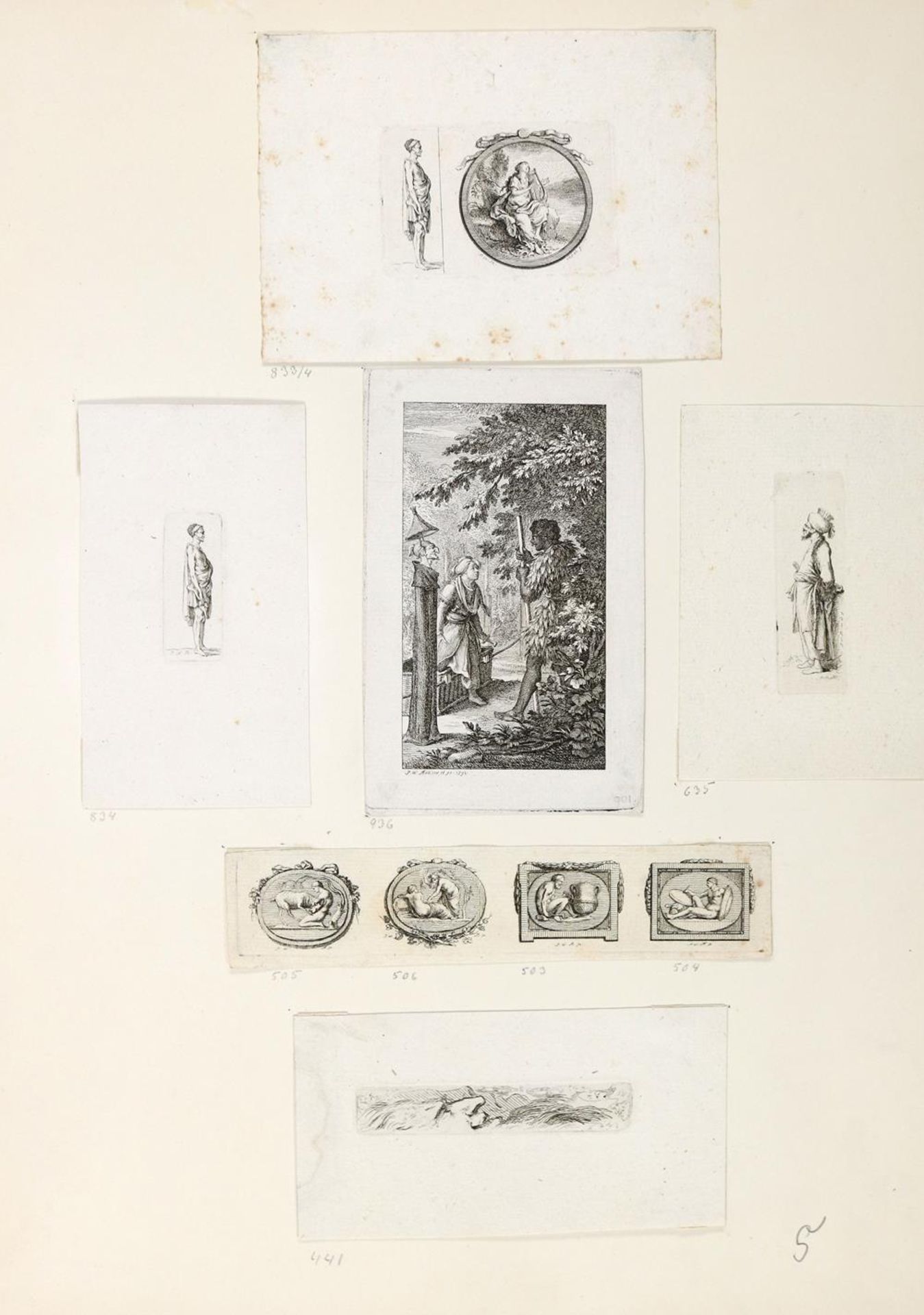 Buchillustrationen.9 Kartonbl. mit 45 mont. Buchillustrationen. Kupferstiche, ca. 1773-1800. 16°- - Bild 6 aus 7
