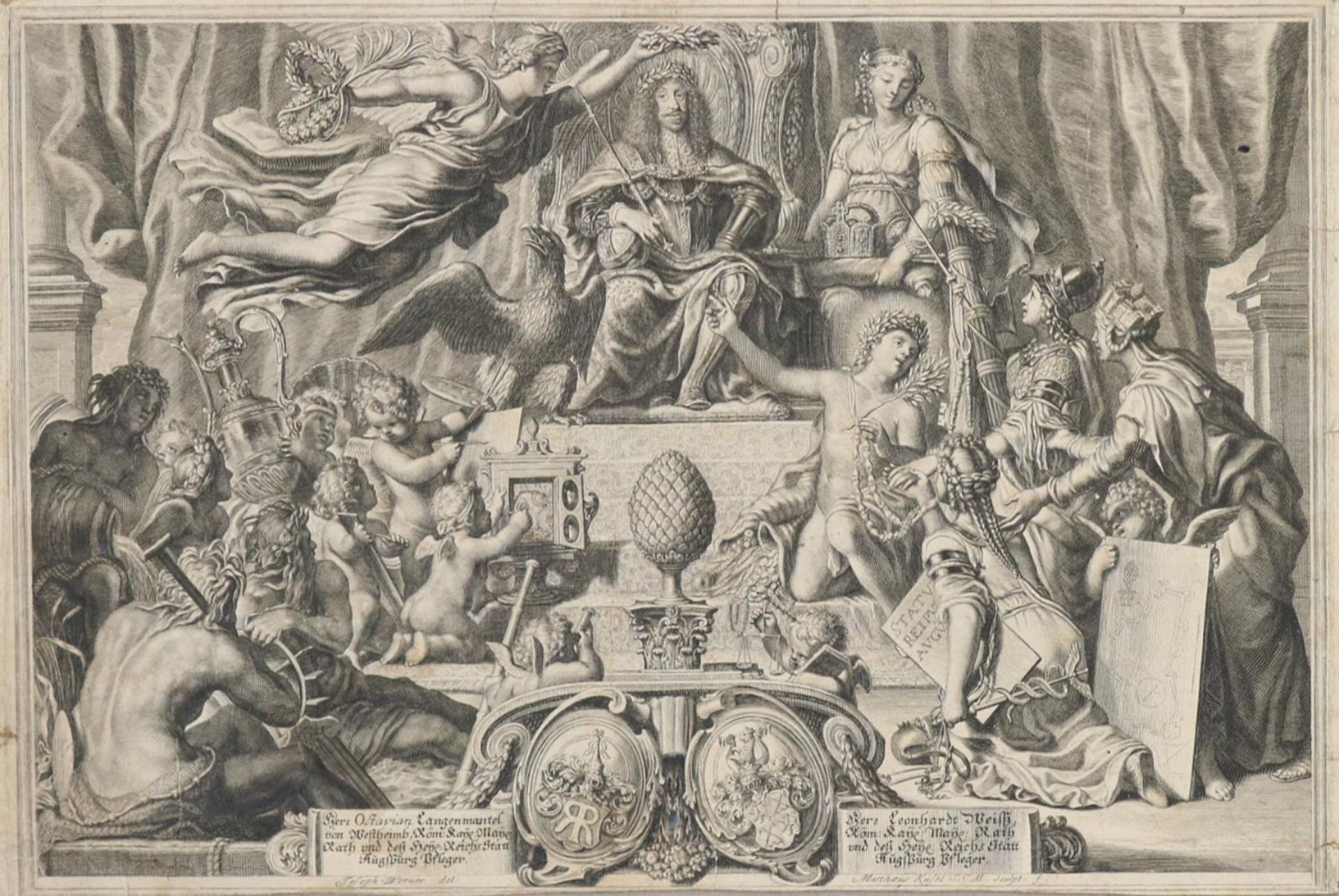 Küsel, Matthäus(1629 - 1681). Allegorische Darstellung mit Kaiser Leopold I. Kupferstich n. Joseph
