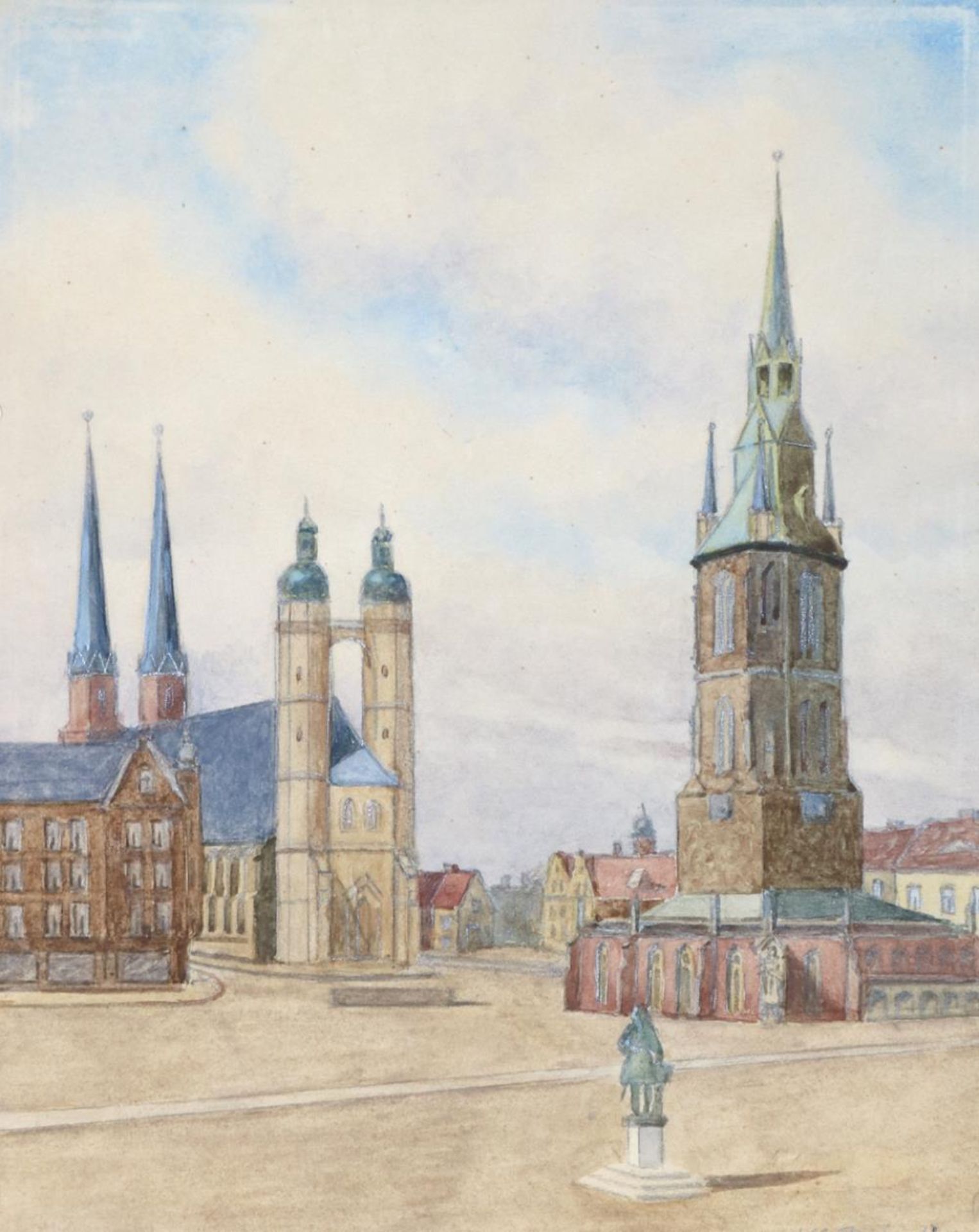 Halle/Saale.Ansicht des Marktplatzes. Aquarell über Bleistift auf Papier, sign. J.M. Reichardt. Wohl