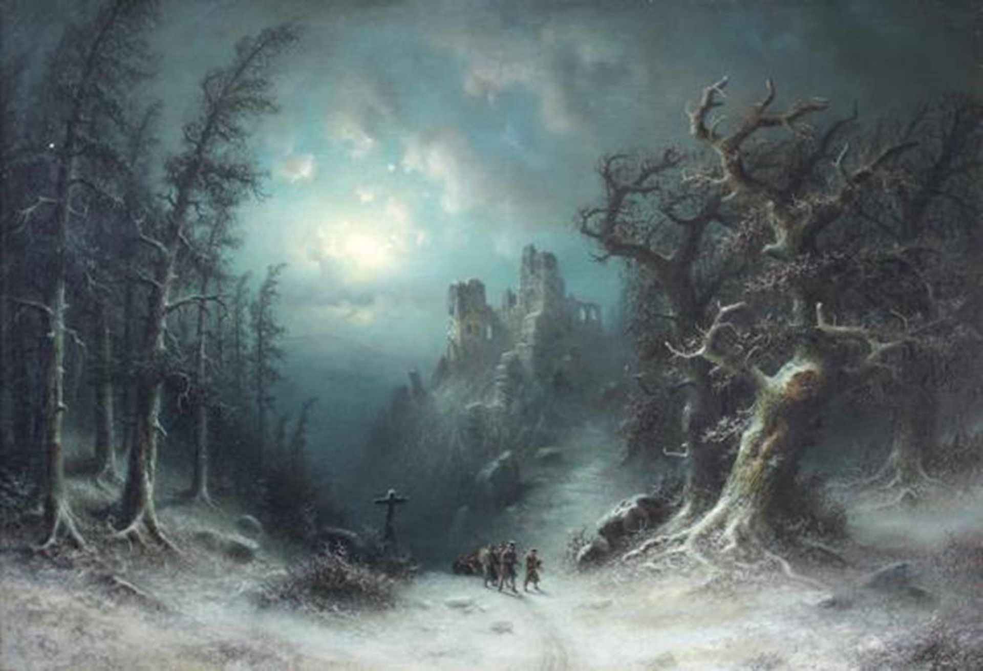 Bredow, Albert(1828 Deutschland - Moskau 1899). 'Winternacht': Romantische Waldlandschaft mit