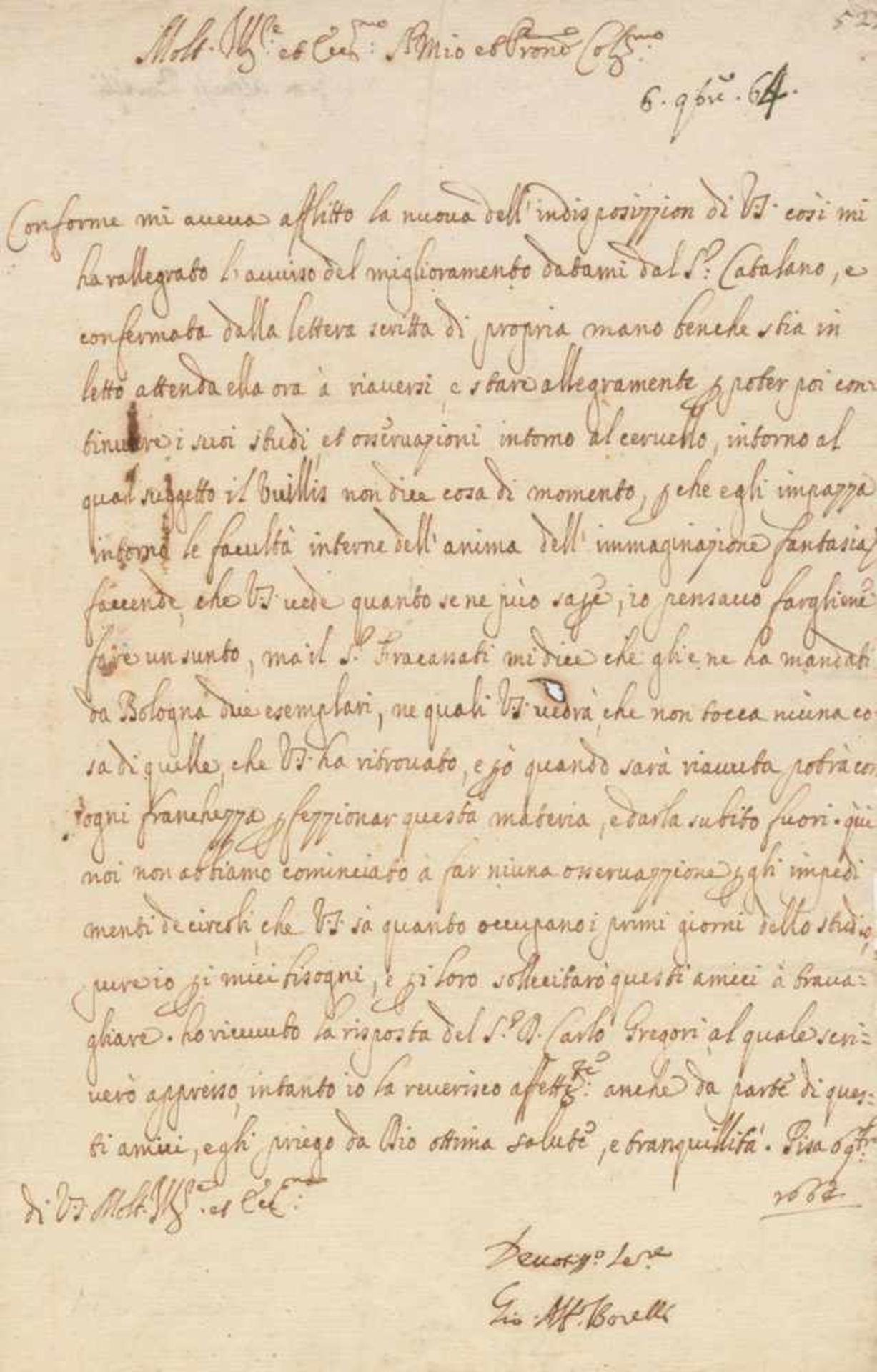 Borelli, Giovanni Alfonso,Mathematiker, Naturforscher (1608-1679). Brief m. U. 'Devotisso Sere Gio