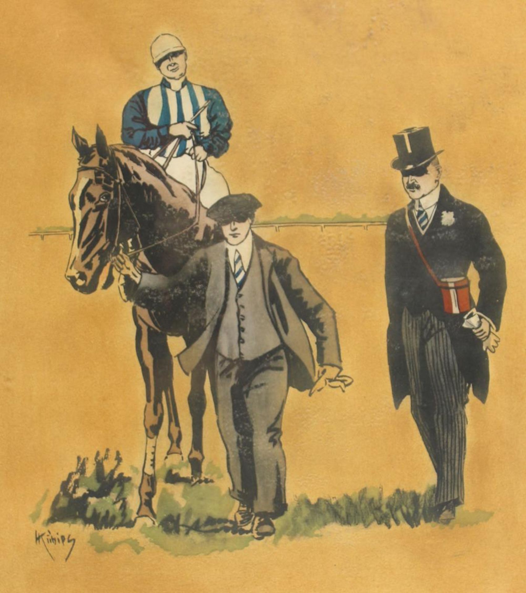 H. Kukies(20.Jh.). 3 Reiter-Darst. mit u.a. Jockeys zu Pferd. Aquarellzeichnungen. Um 1930. Zw.