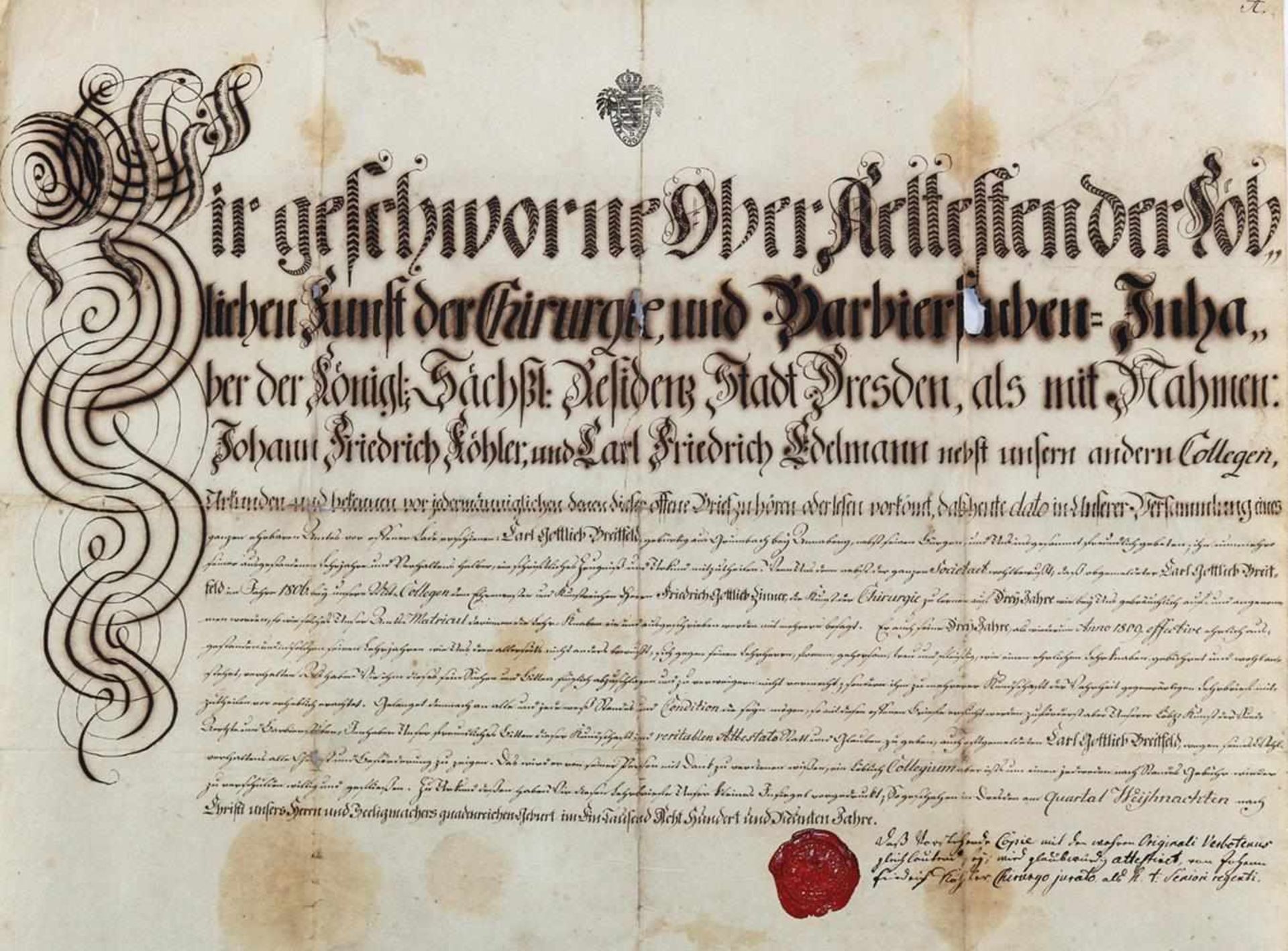 Urkundefür Carl Gottlieb Breitfeld. Deutsche Handschrift auf Papier, Drsdn. 1809. 47 x 58 cm. Mit